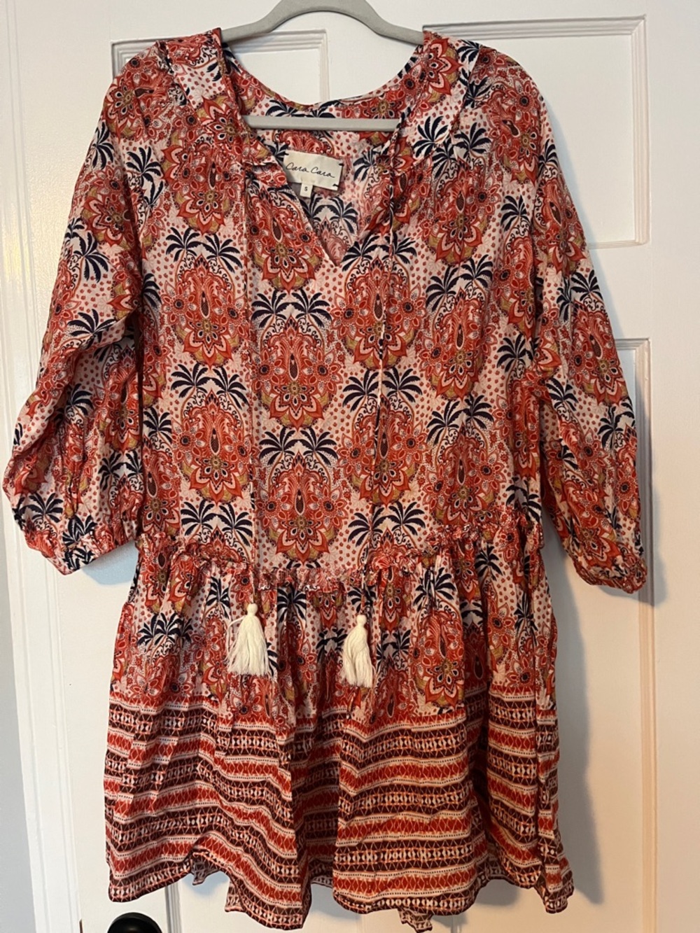 Cara Cara floral paisley tasseled boho cotton 3/4 sleeve mini dress sz S - Picture 2 of 6